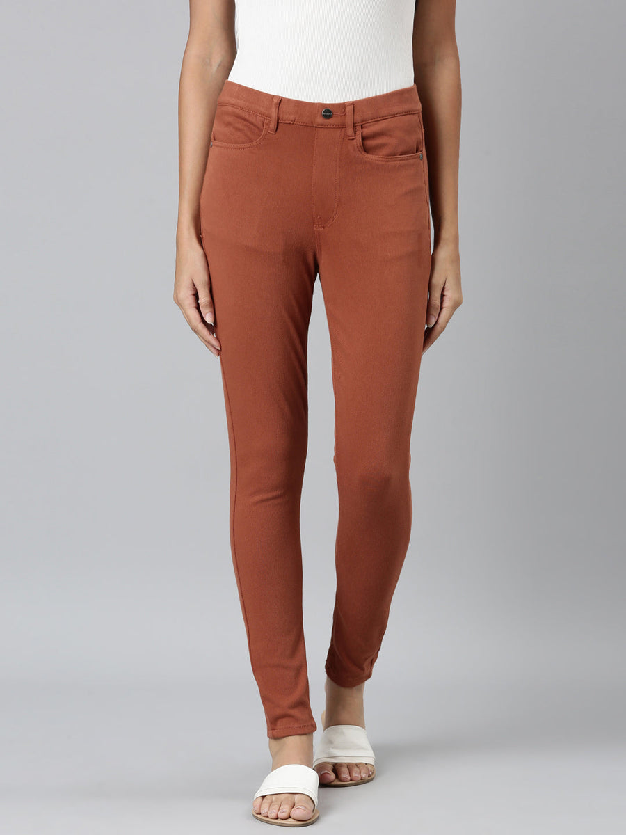 Women Solid Reddish Brown Mid Rise Jeggings – Cherrypick