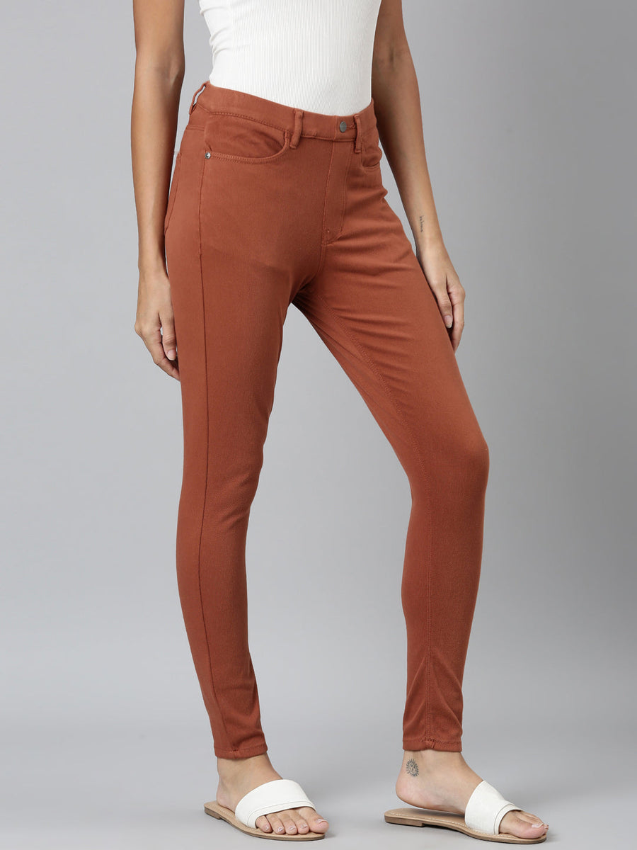 Women Solid Reddish Brown Mid Rise Jeggings – Cherrypick