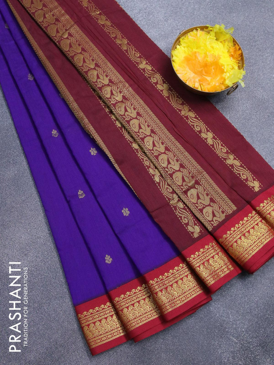 Kalyani cotton saree maroon and blue with thread woven buttas and