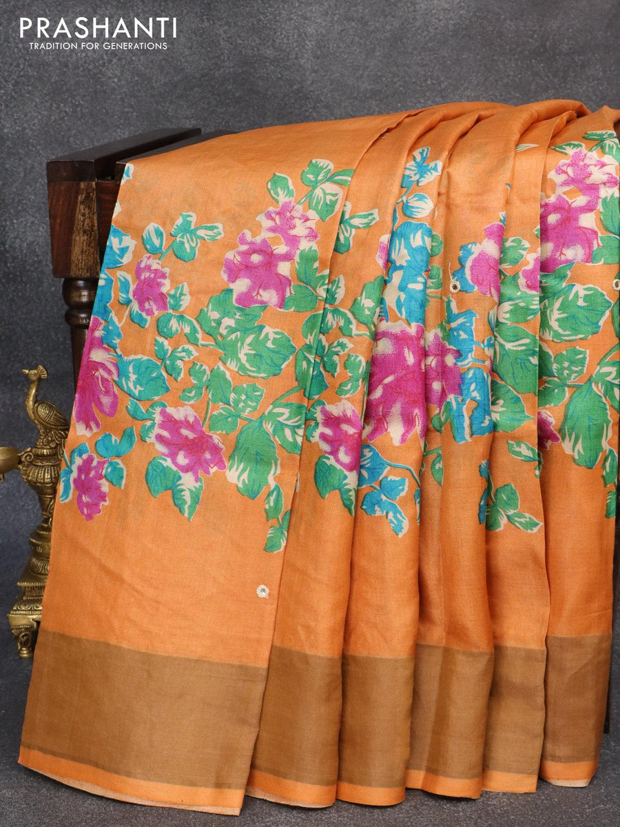 Pure tussar silk saree peach orange with floral prints & mirror work a –  Cherrypick