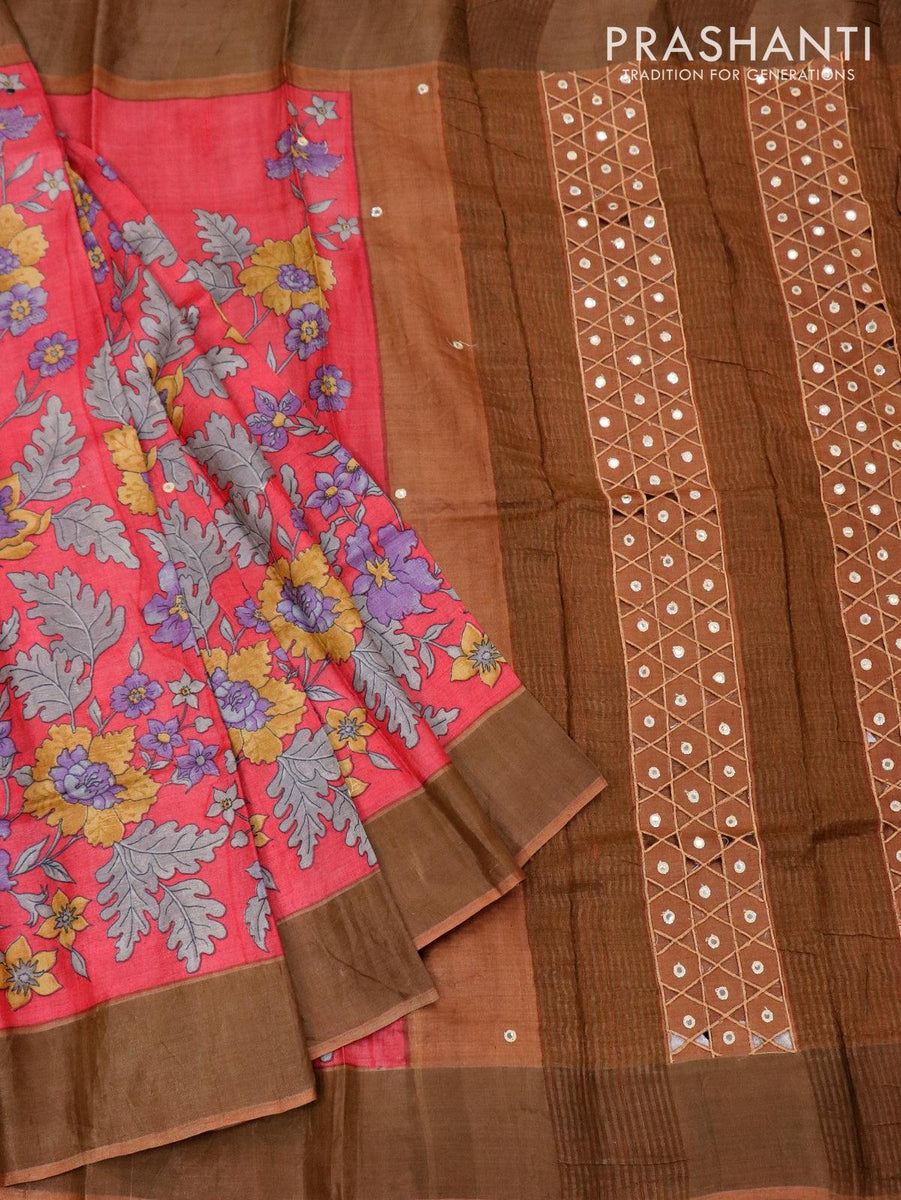 Pure tussar silk saree red and brown with floral prints and cut work p –  Cherrypick