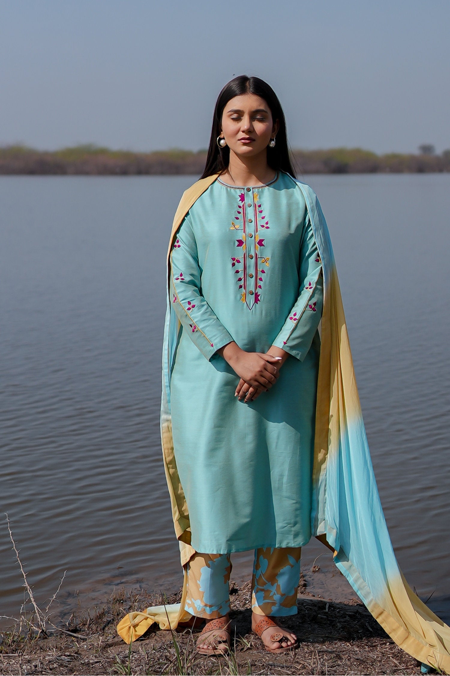 Blue Cotton Kurta Set With Hand Embroidery