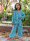 Turquoise Stripes Block Printed Cotton Top & Pyjama Set