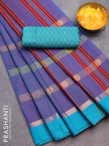 10 yards chettinad cotton saree dual shade of blue and teal blue with allover thread weaves and zari woven simple border with woven blouse