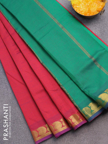 10 yards semi silk cotton saree dual shade of redish blue and green with plain body and paisley zari woven border without blouse