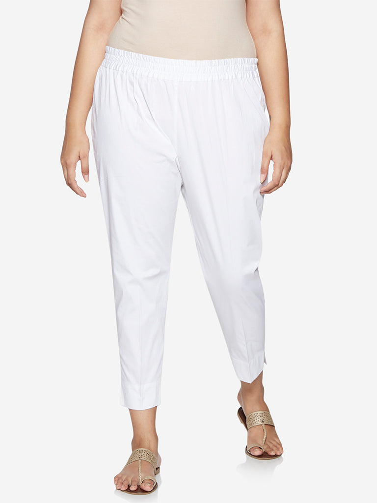 Diza Curve White Solid Cotton Ethnic Pants