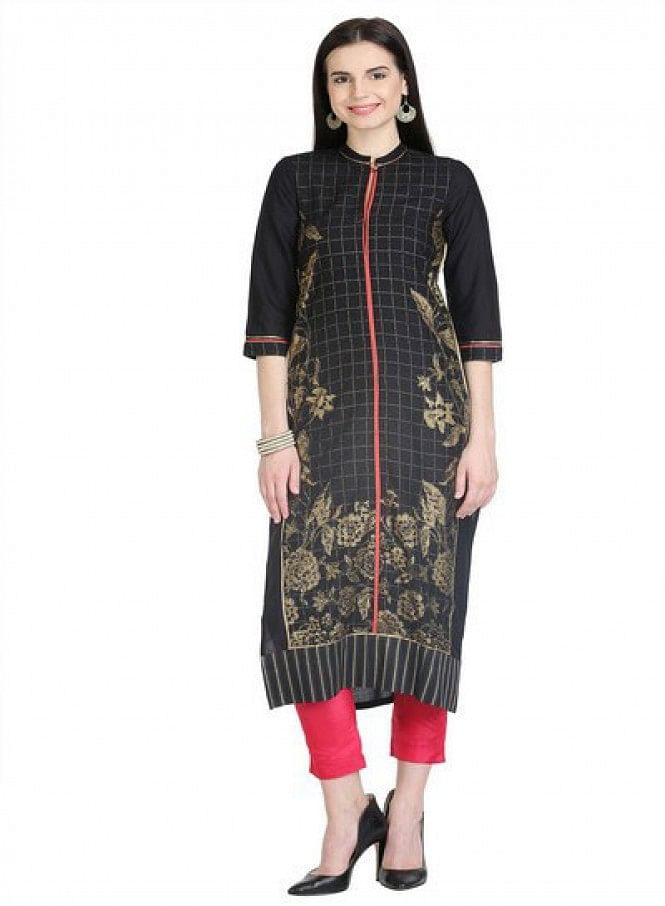 Black 3/4 Sleeve Printed kurta