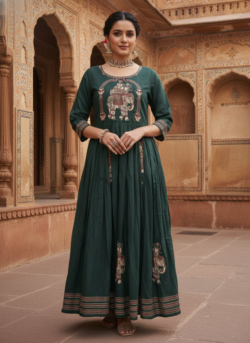 Green Chinnon Printed Long Dress
