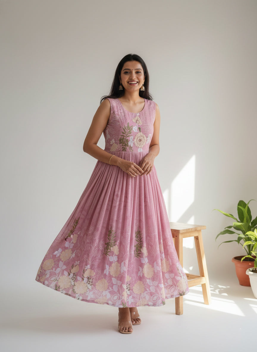 Baby Pink Georgette Floral Digital Print Long Dress
