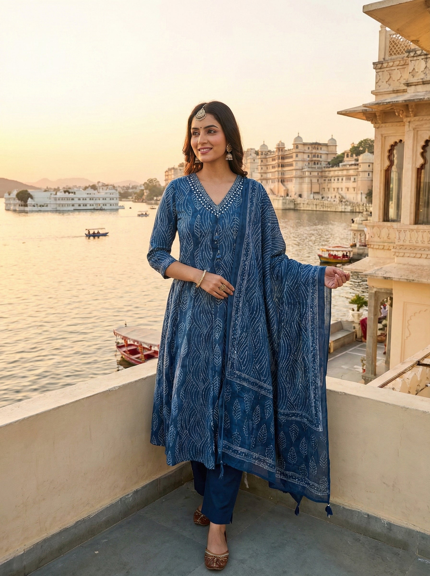 Indigo Cotton Digital Print Three Piece Set