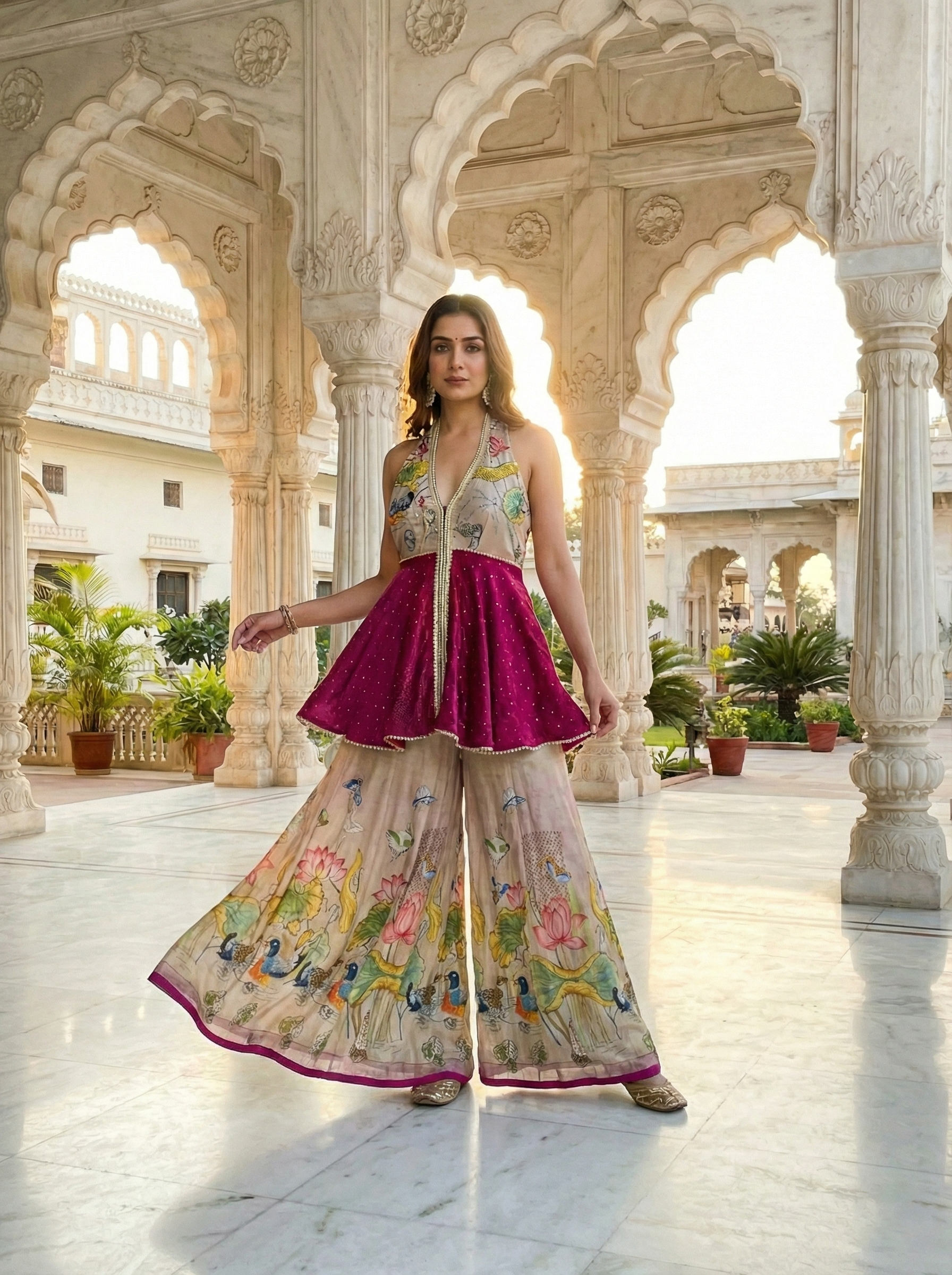 Magenta Crepe Kurti And Palazzo Set