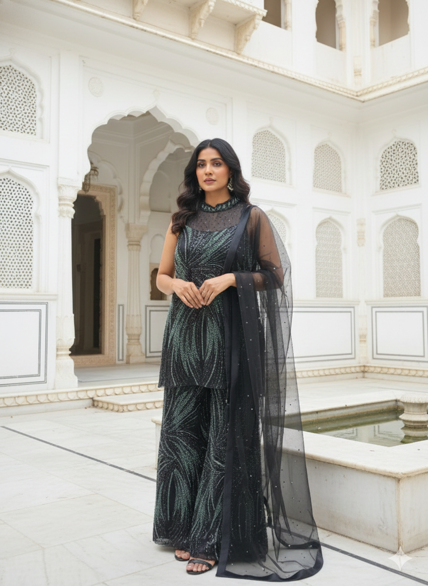 Black Net Heavy Sequins Kurta And Palazzo Set