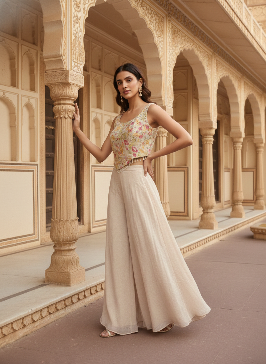 Beige Tissue Floral And Sequins Crop Top And Palazzo Set