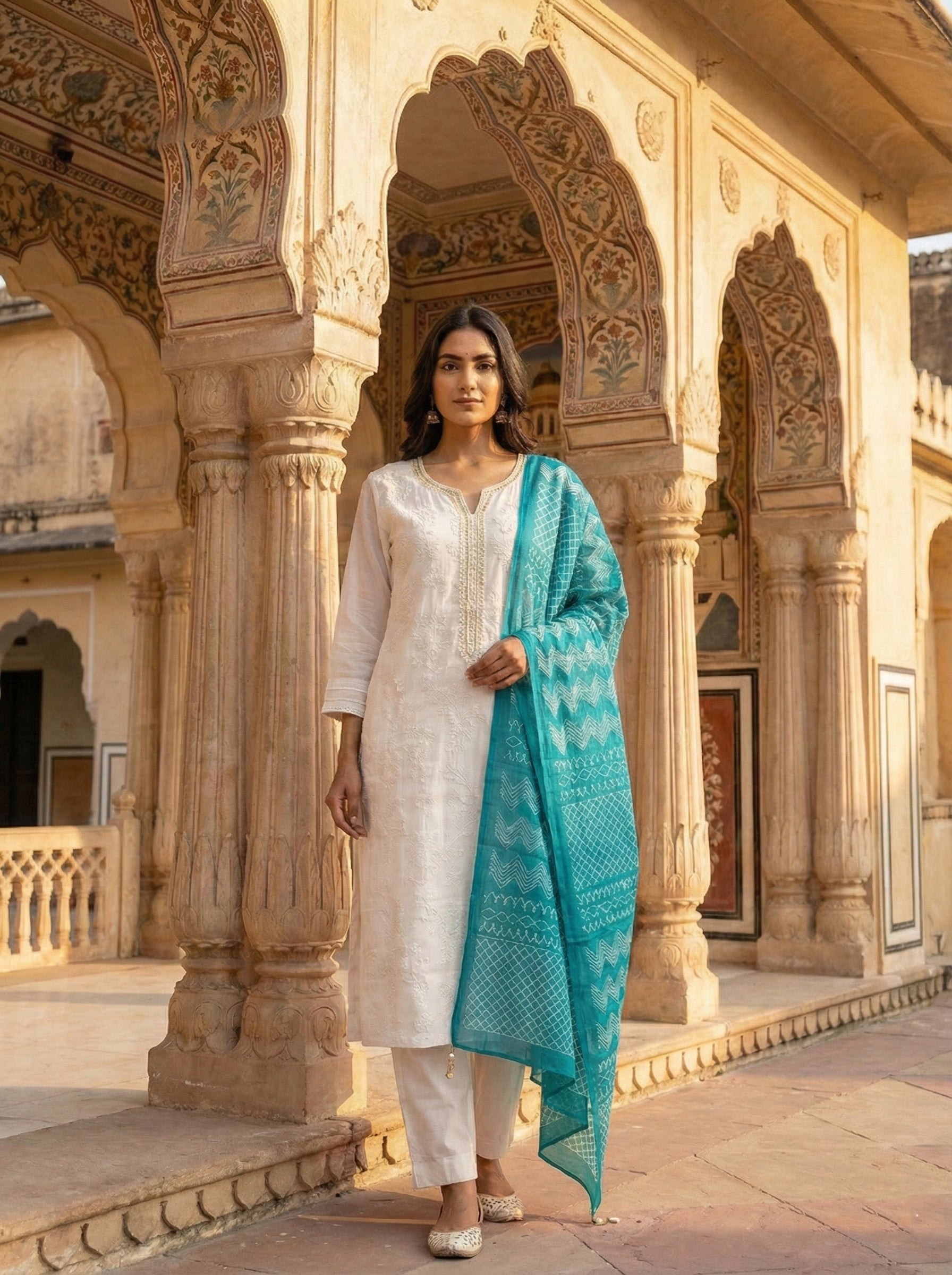 Cream Silk Hand Embroidery Three Piece Set