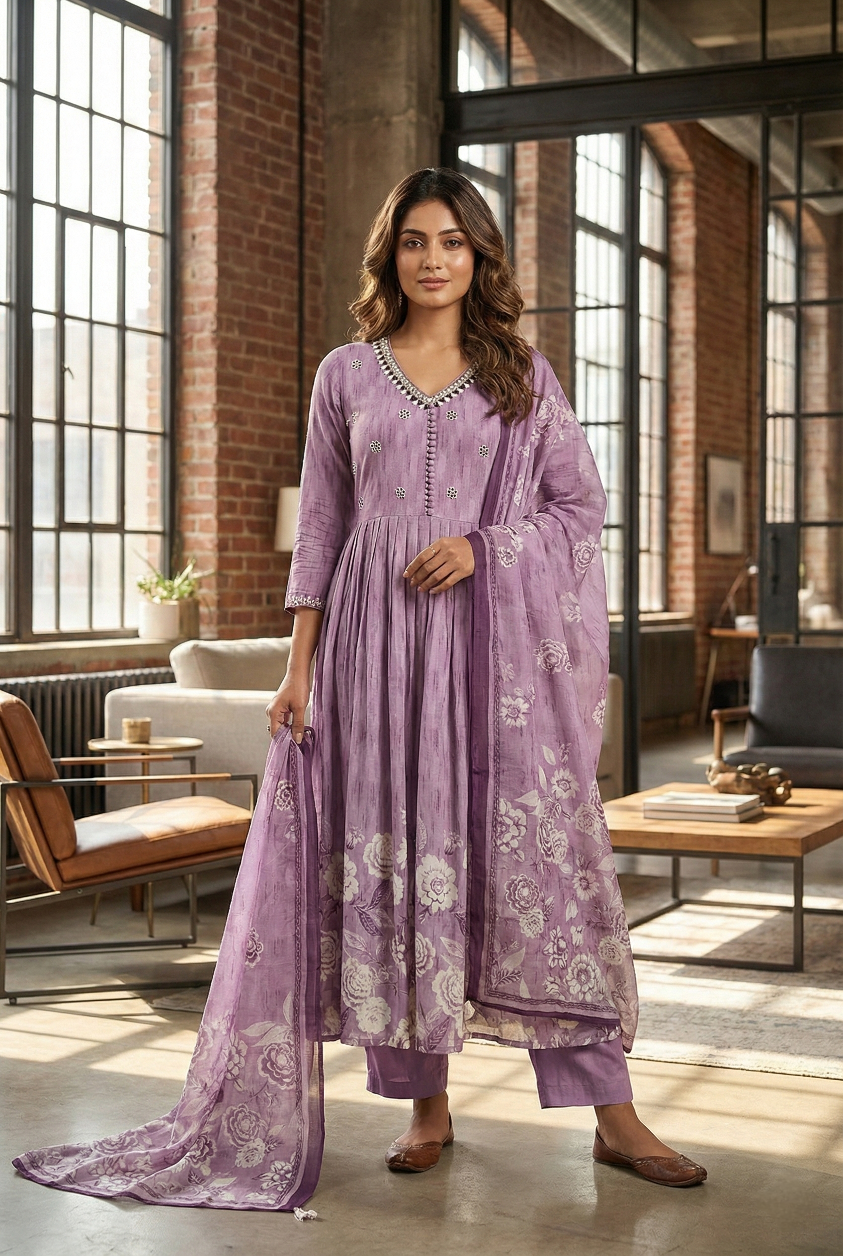 Lavender Rayon Hand Embroidery Three Piece Set