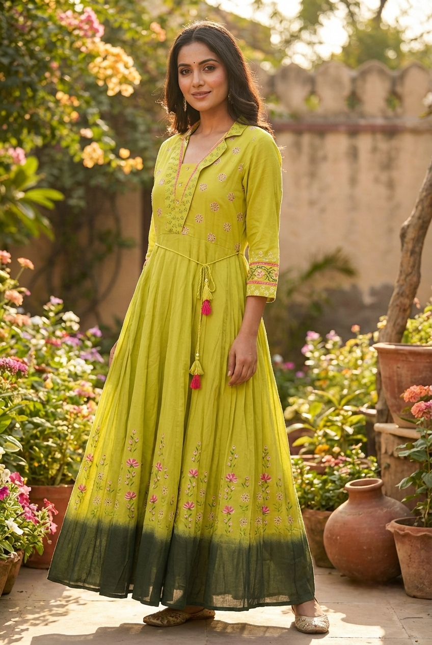 Green Cotton Floral Printed Long Dress