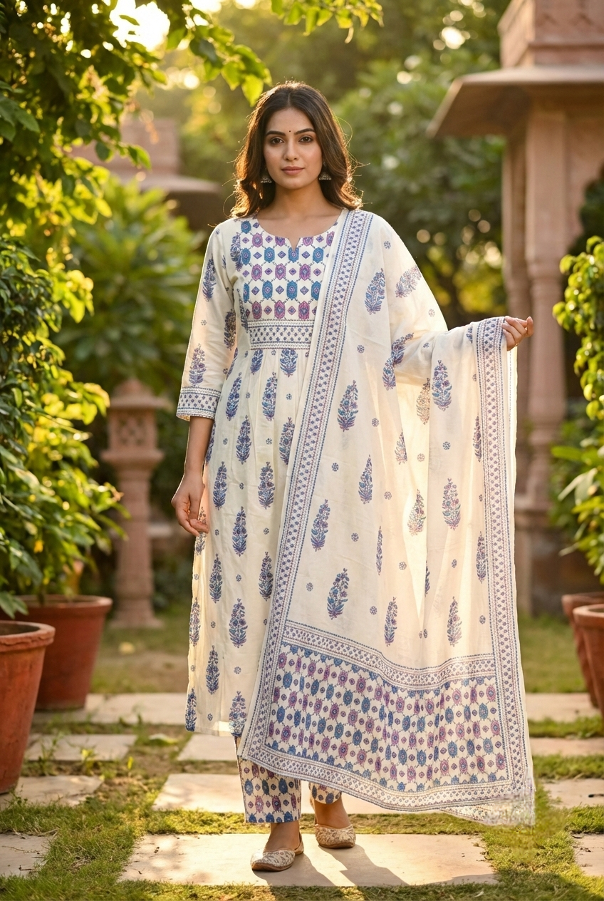 Blue Cotton Printed Three Piece Set