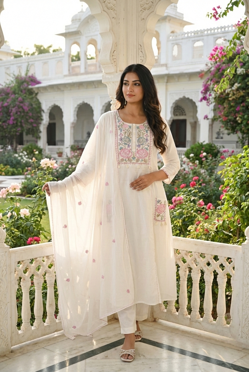 Ivory Cotton Embroidery Three Piece Set