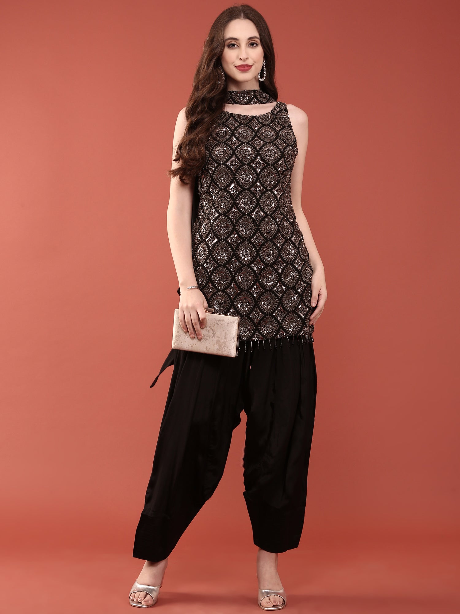 Black Crepe With Heavy Stone Embroidered Top And Dhoti With Dupatta
