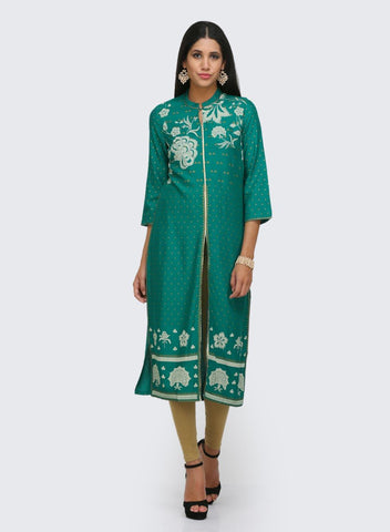 Green Printed Mandarin Neck kurta