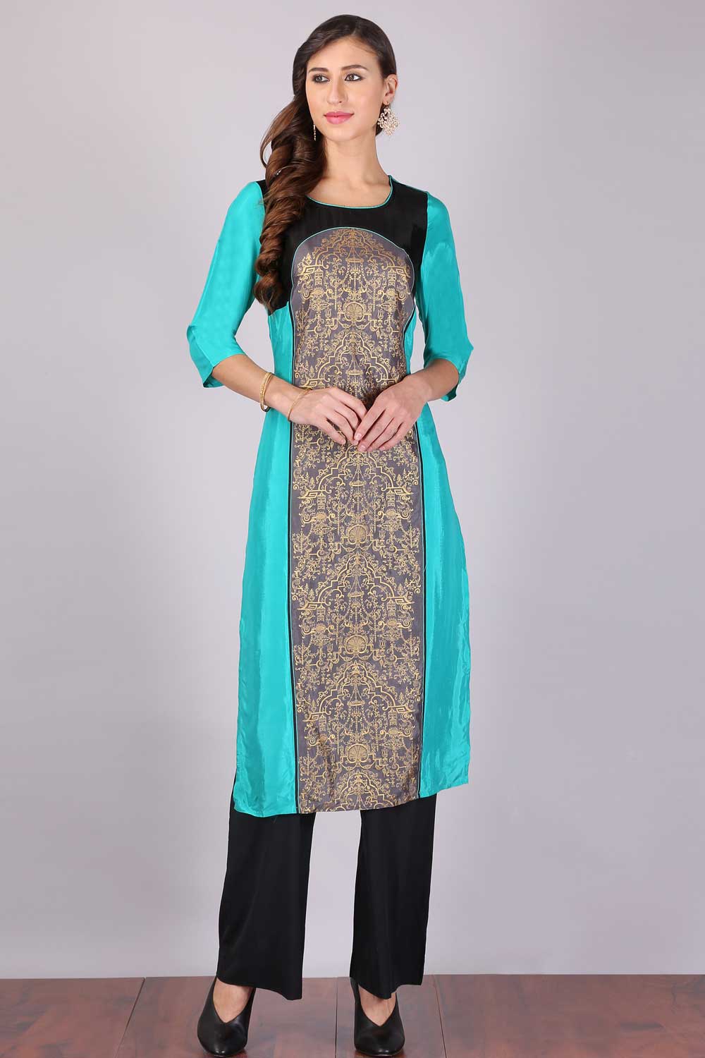 Blue & Grey Printed Round Neck kurta