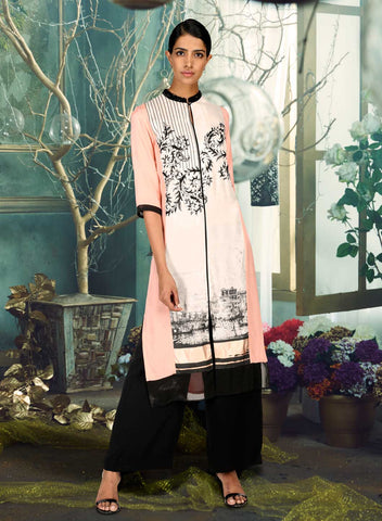 Peach Mandarin Neck Printed kurta