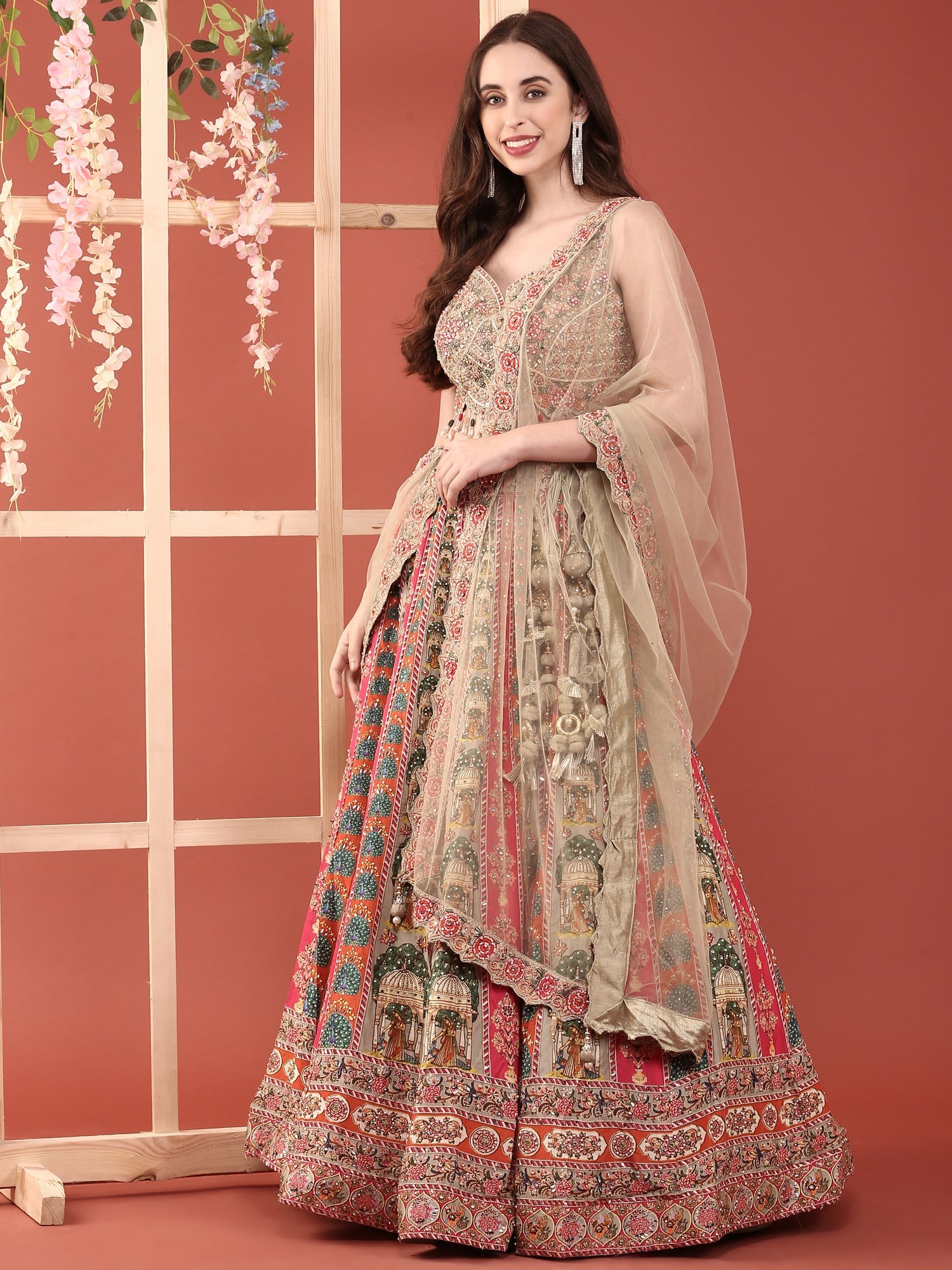 Green Crepe With Digital Print And Thread Work Ghagra Set