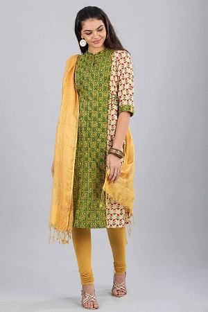 Cream & Green Floral Print kurta