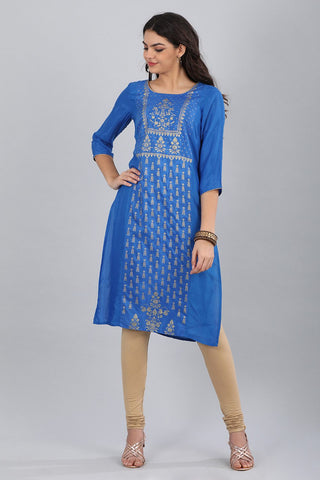 Blue Round Neck Printed kurta