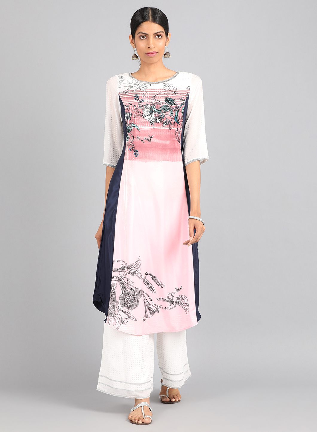 Pink Round Neck Printed kurta