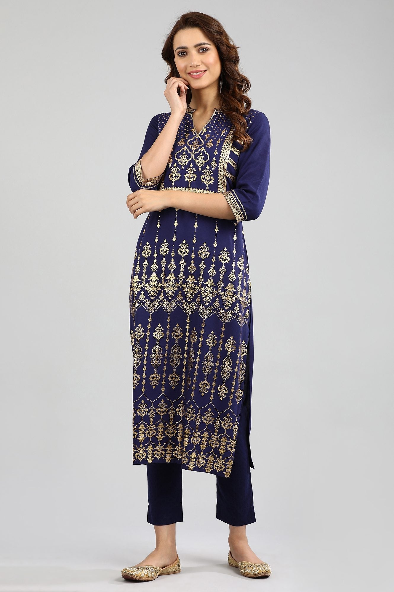 Blue Band Collar Printed kurta