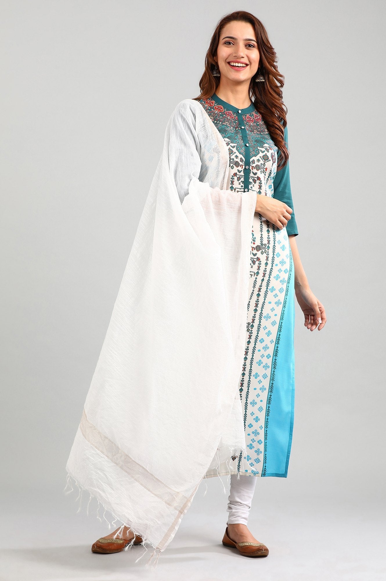 Cream Band Collar Printed kurta