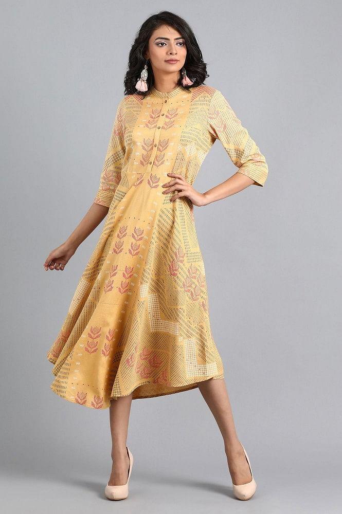 Yellow Mandarin Neck Printed Dress