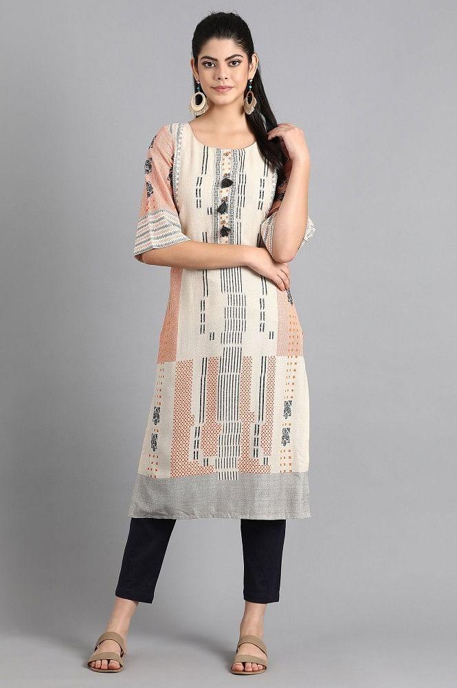 Beige Round Neck Printed kurta