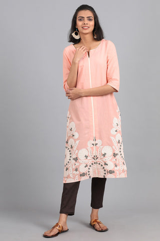 Peach Round Neck Printed kurta