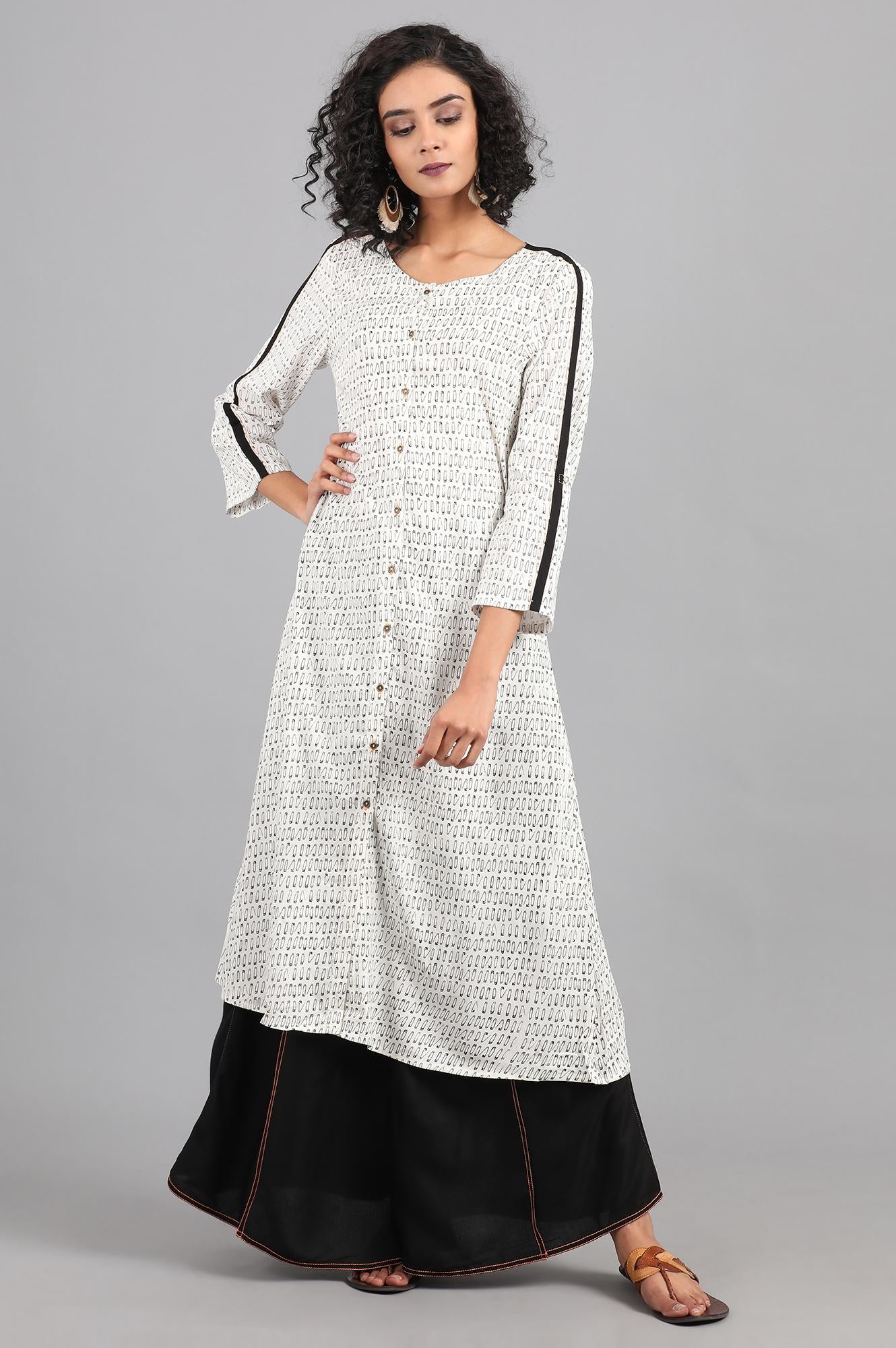 Ecru Round Neck Printed kurta