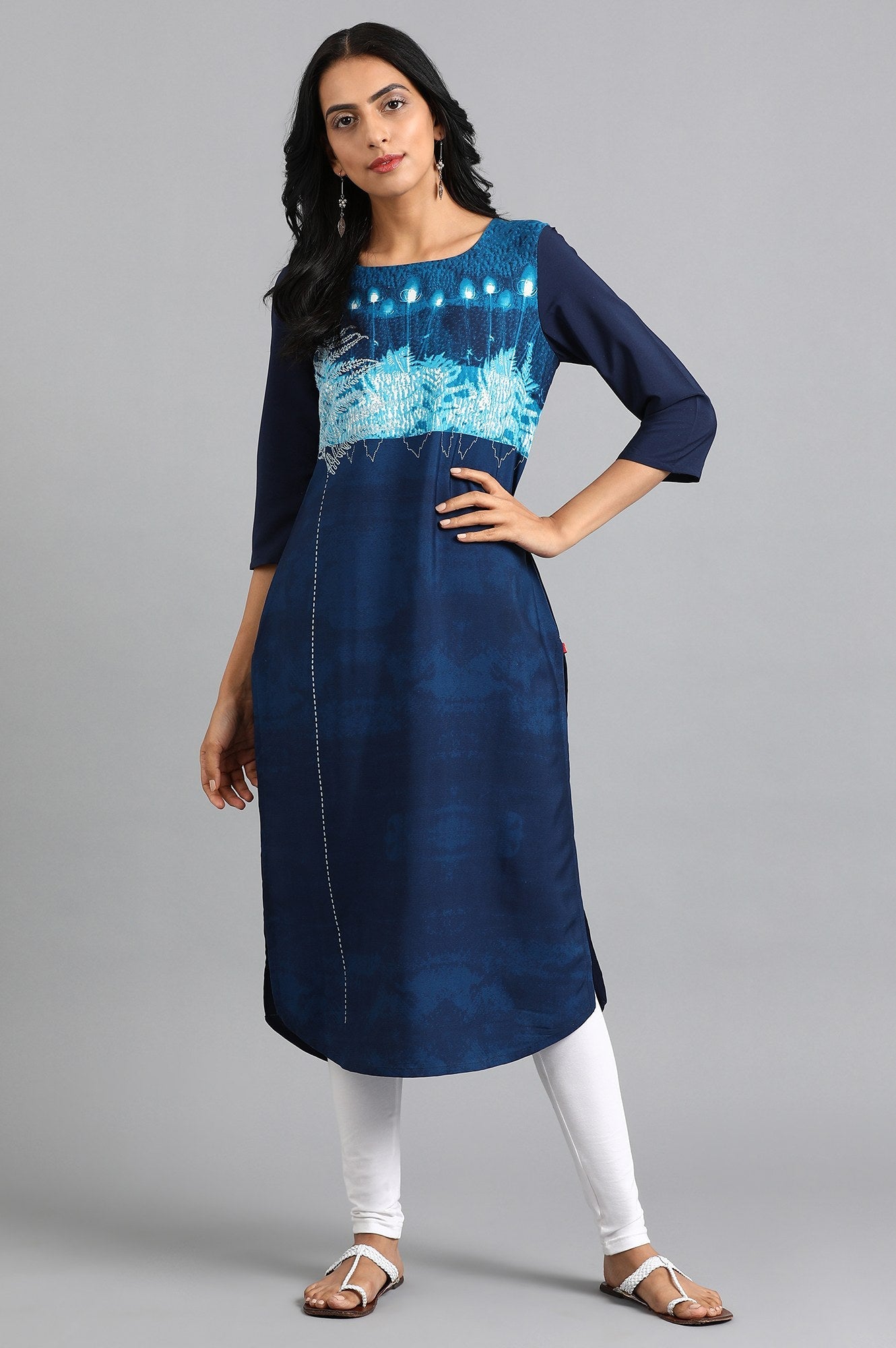 Blue Round Neck Printed kurta