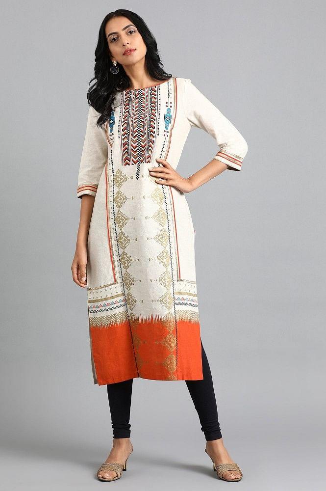 Off-White Round Neck Printed kurta