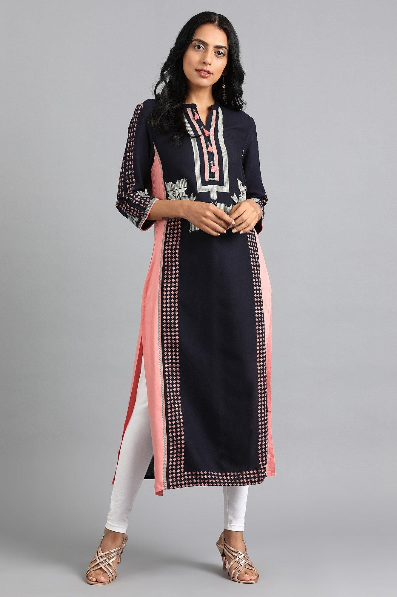 Blue Mandarin Neck Printed kurta