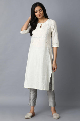 White Glitter Print kurta with Zari Embroidery