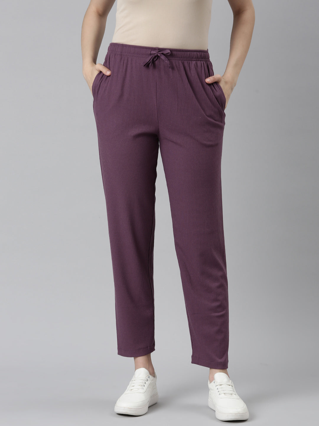 Women Solid Purple Mid Rise Casual Rib Pants