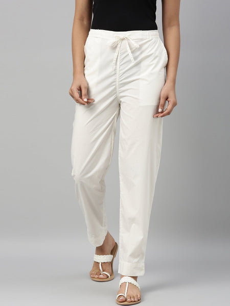 Women Solid Cream Comfort Fit Cotton Pants – Cherrypick