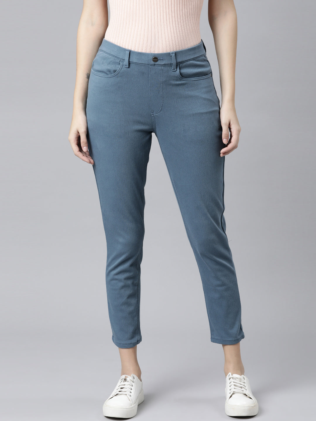 Women Solid Jean Blue Denim Cropped Jeggings – Cherrypick