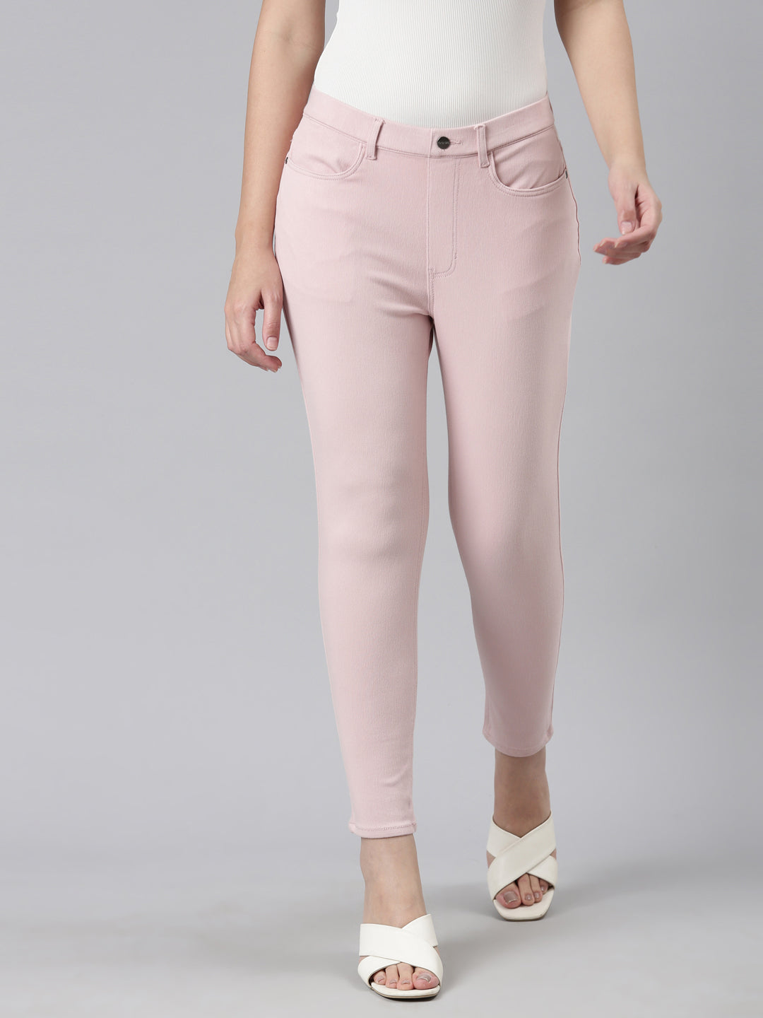 Light Pink Cotton Poly Stretch Cropped Colored Jeggings