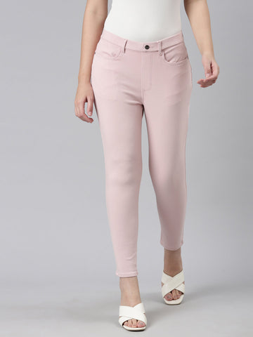 Women Solid Light Pink Mid Rise Slim Fit Cropped Jeggings