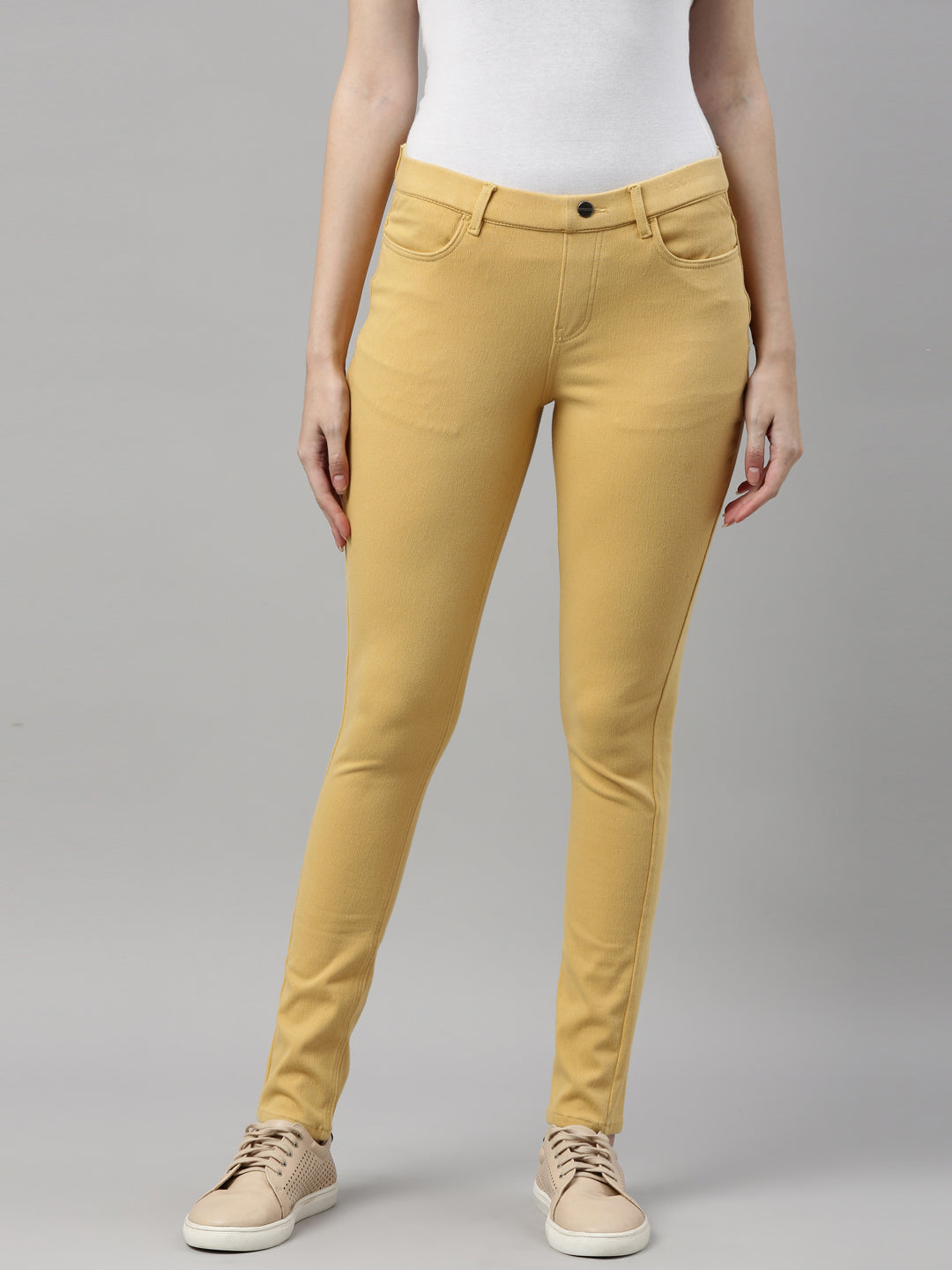 Golden Yellow Cotton Polyester Super Stretch Jeggings