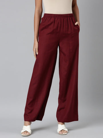 Women Maroon Solid Linen Palazzos