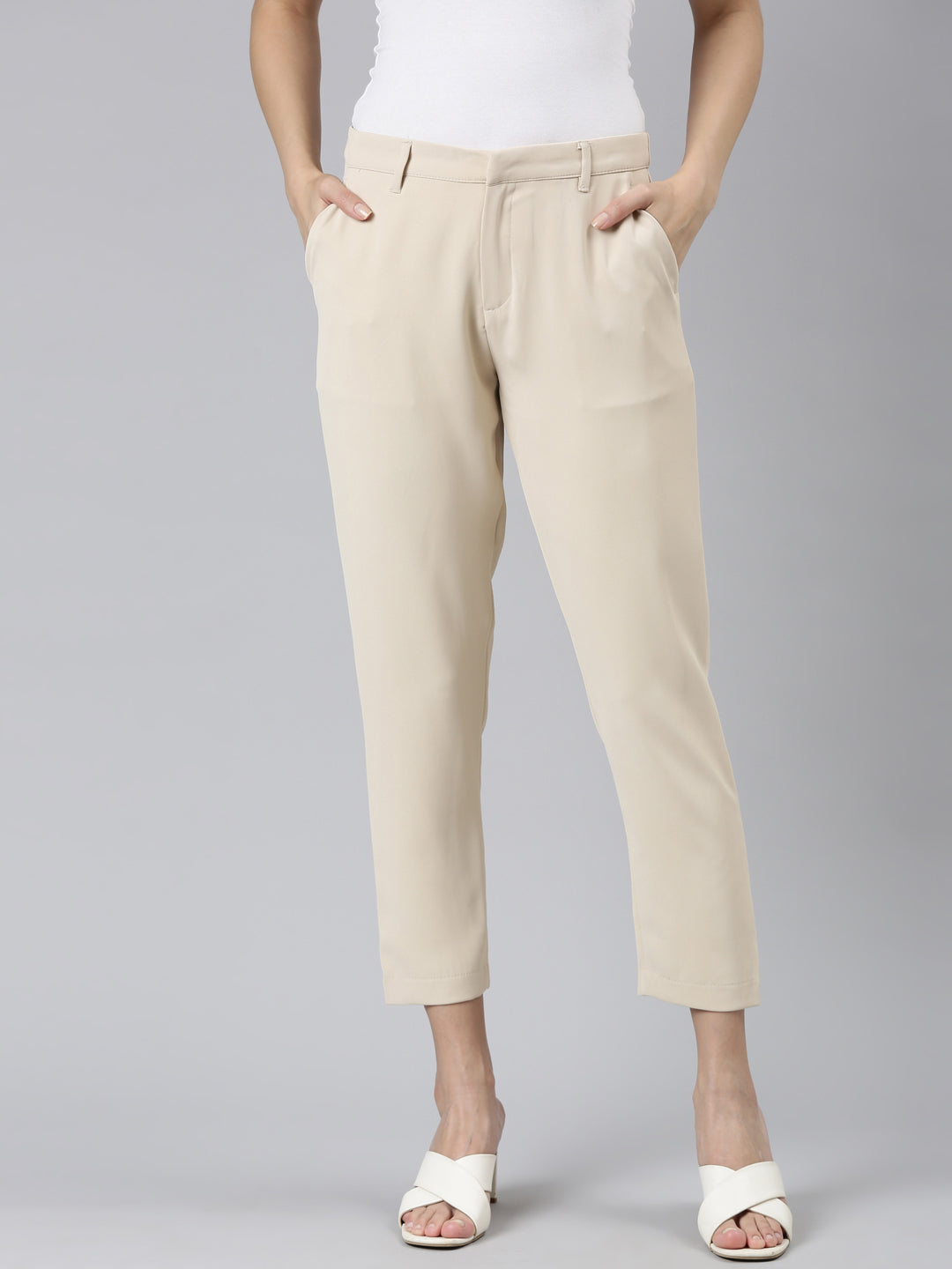 Women Solid Beige Crepe Pants