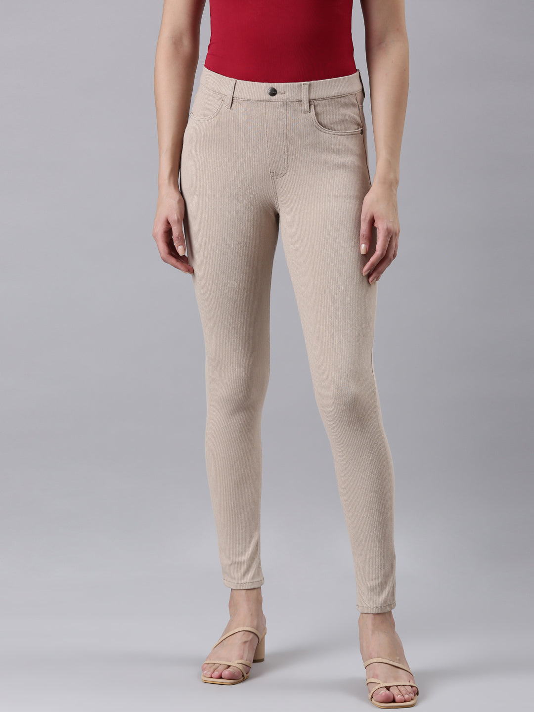 Beige Cotton Poly Stretch Stripes Super Stretch Jeggings