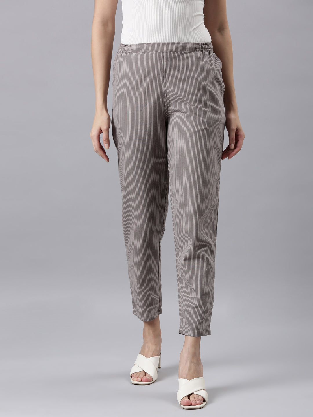 Women Grey Stripe Linen Pencil Pants